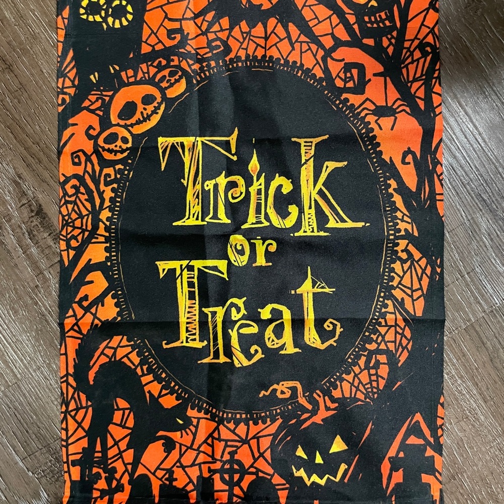 “Trick or Treat” Halloween Fabric Banner Sign Black Orange Yellow Spider Web Cat